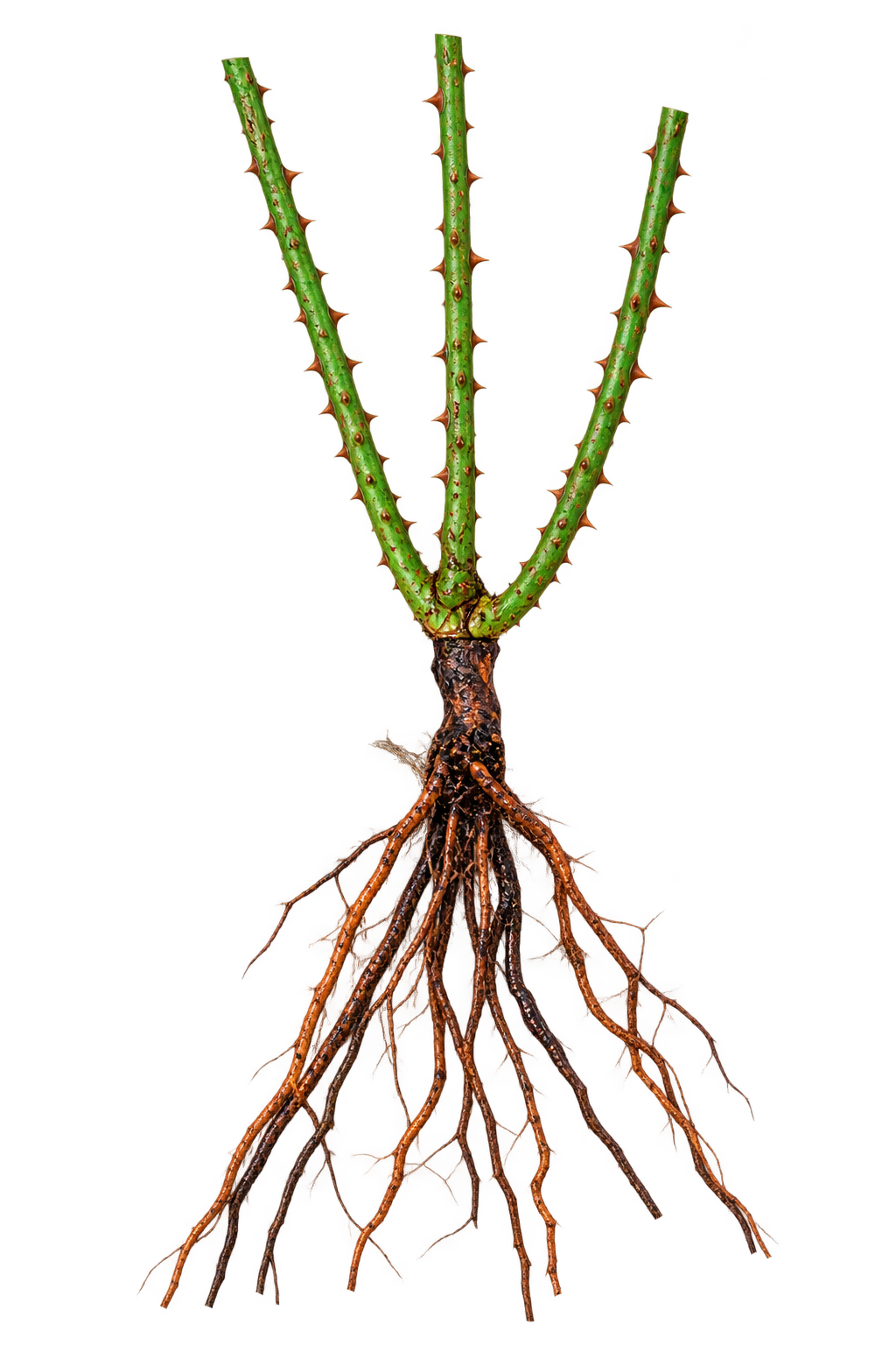 Bare root rose plant with three canes and exposed roots for UK dormant-season planting