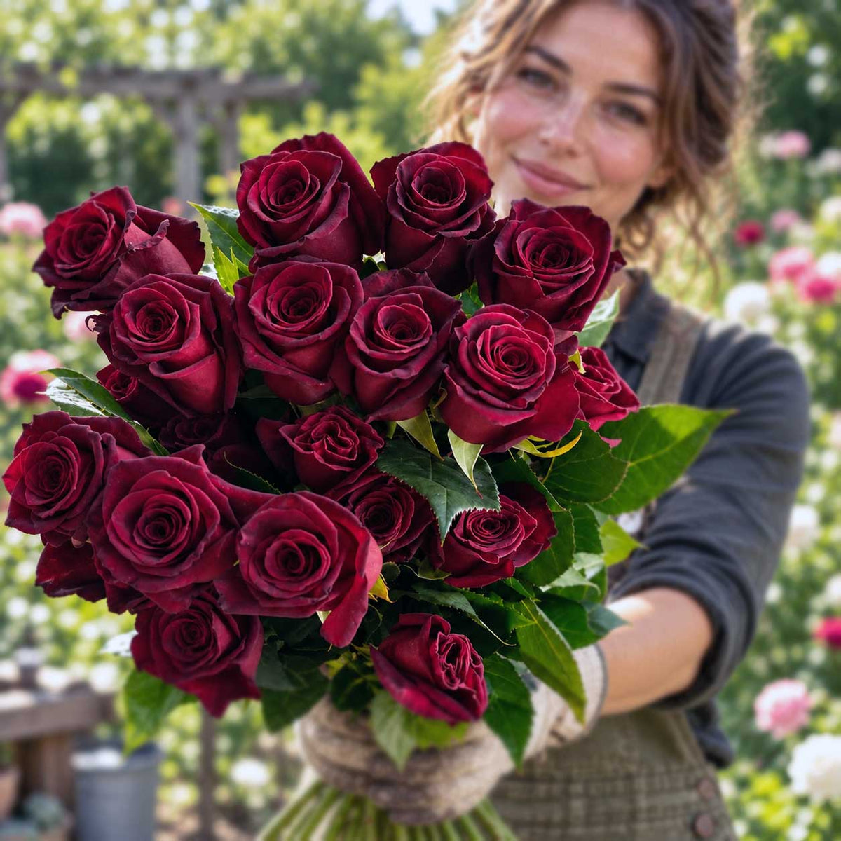Bouquet of Black Baccara roses with deep burgundy blooms